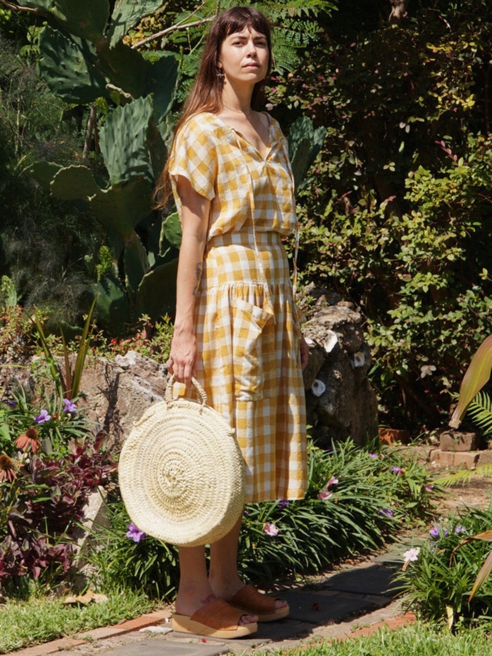 ace&jig Porto Skirt Mustard Yellow White & Metallic Gingham Check Midi Skirt XS